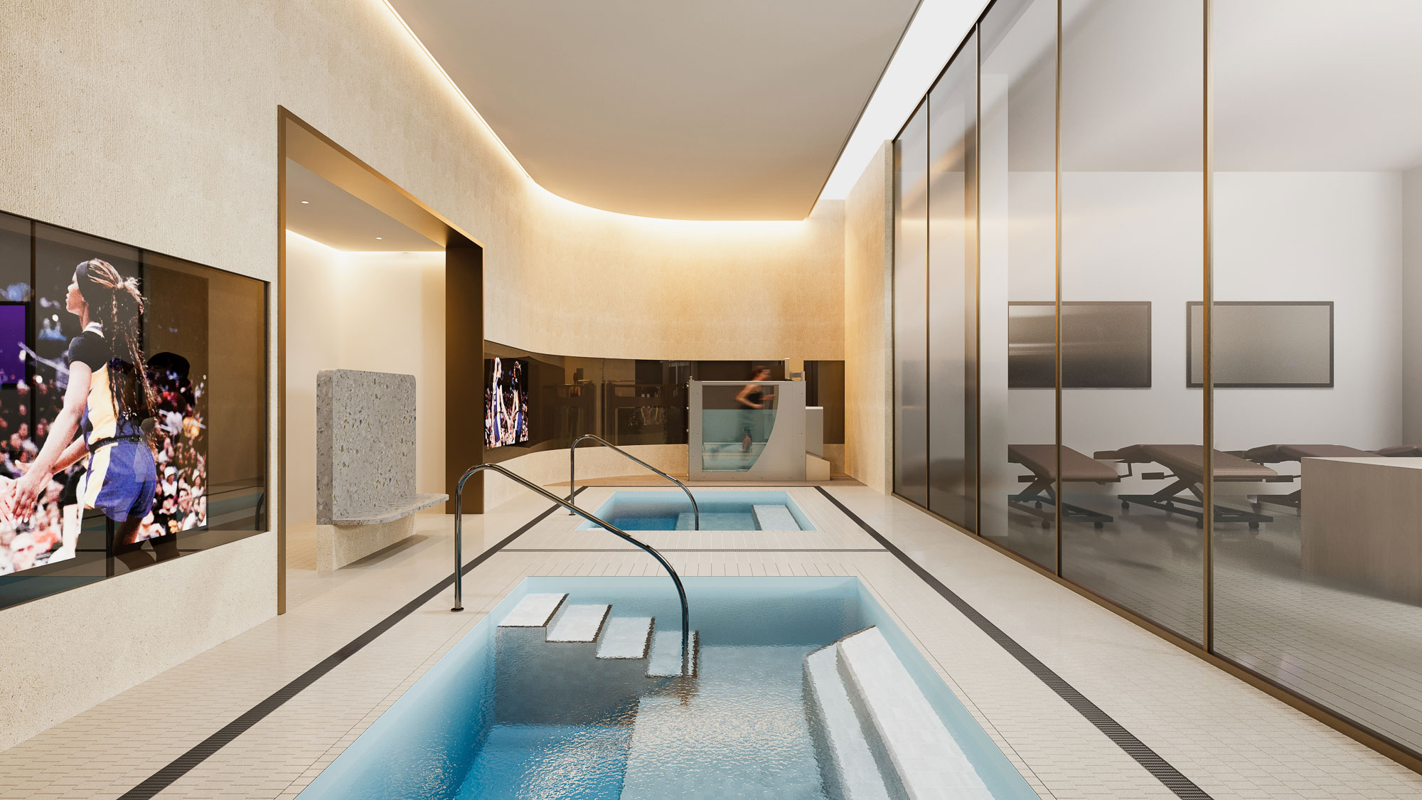 A room with a pool and a glass wall.