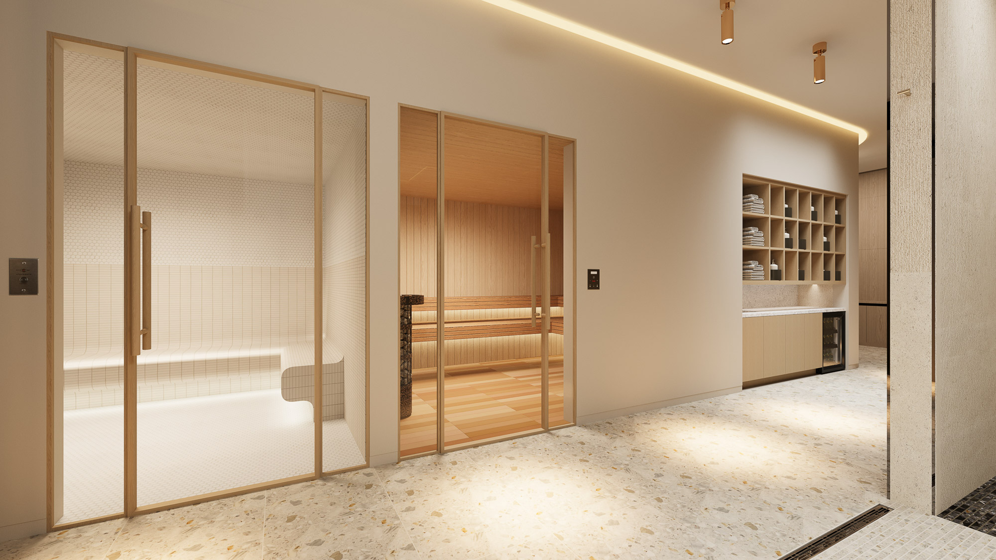 A room with a glass door.