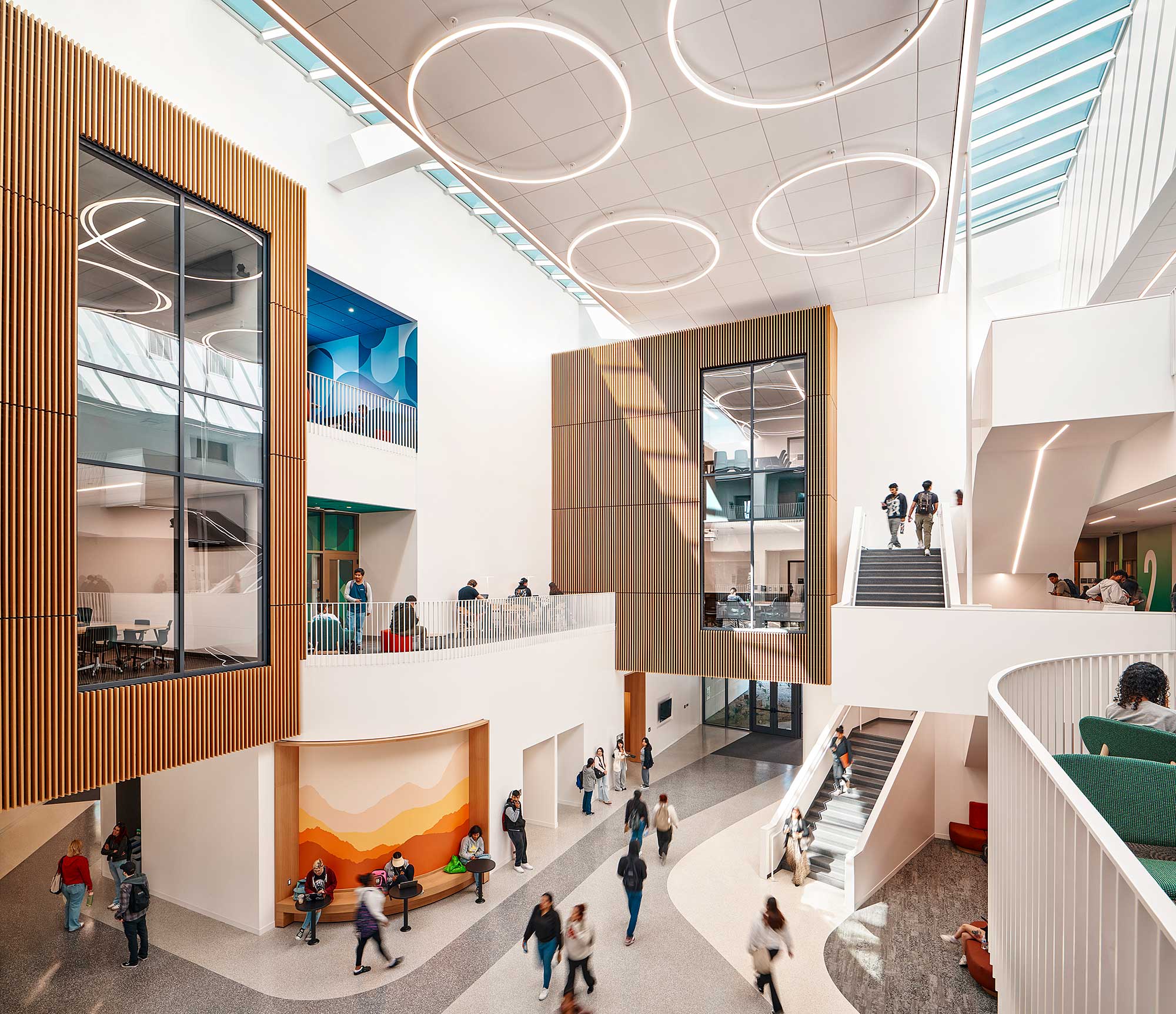 A high angle view of people inside a building.