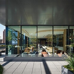 A building with glass windows.