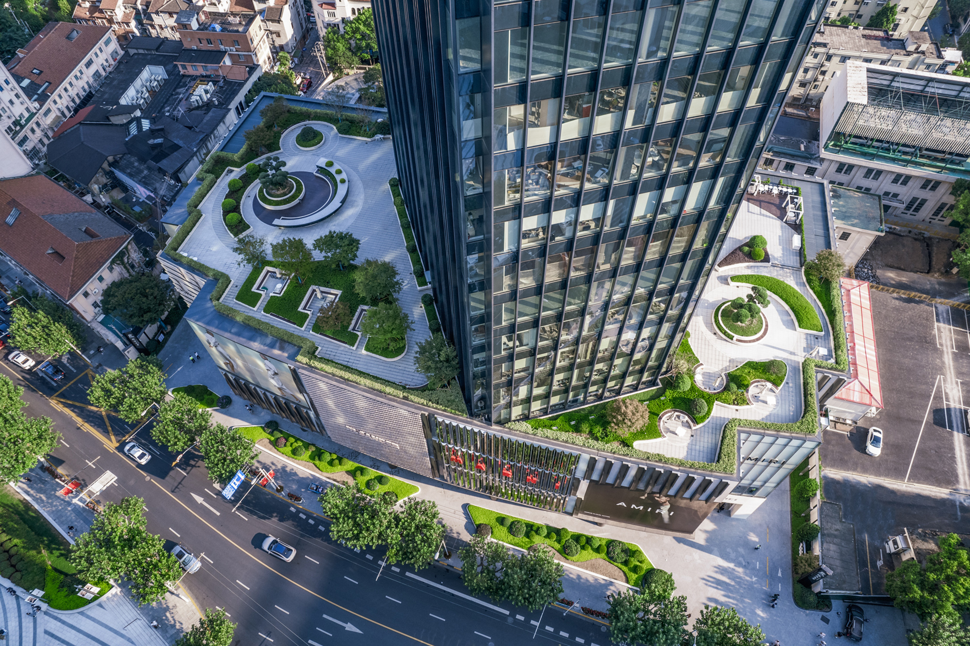 A high angle view of a building.