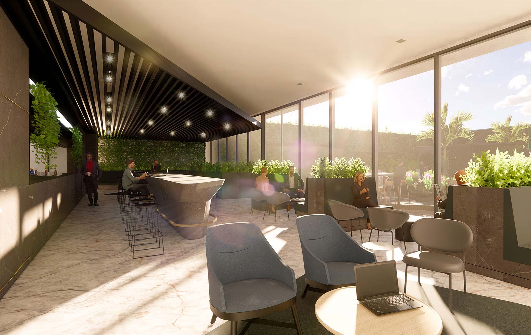 A room with a table chairs and a laptop.