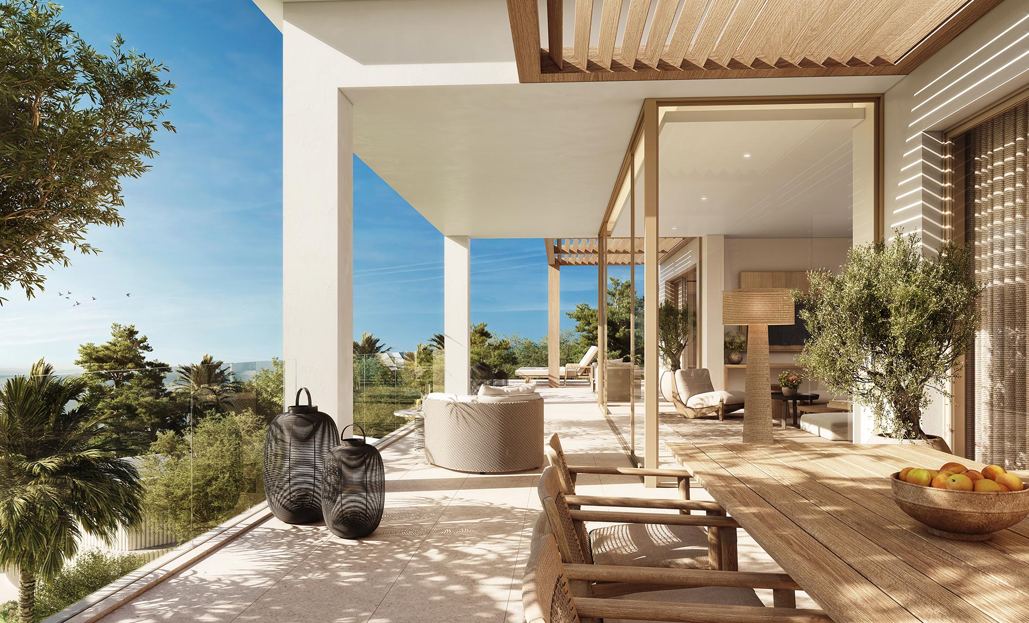 A patio with a table and chairs.