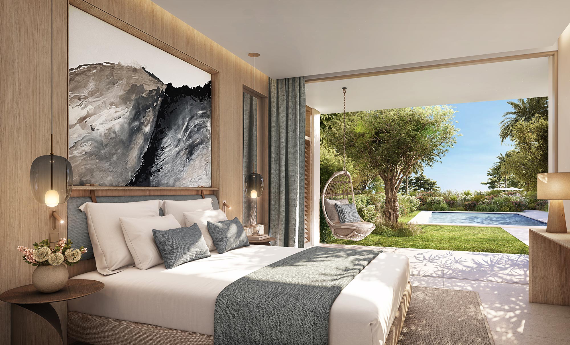 A bedroom with a large window.