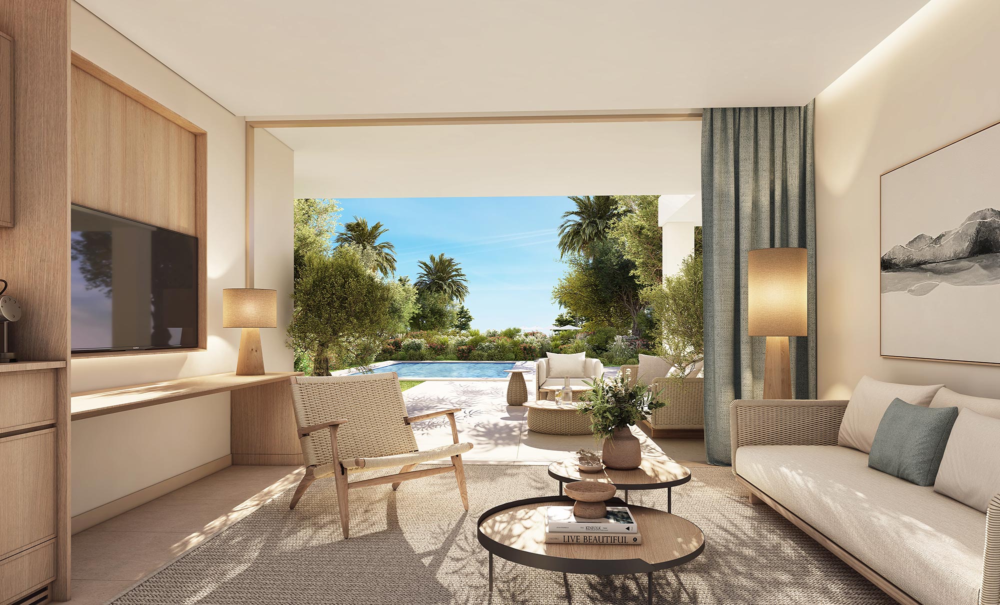 A living room with a pool.