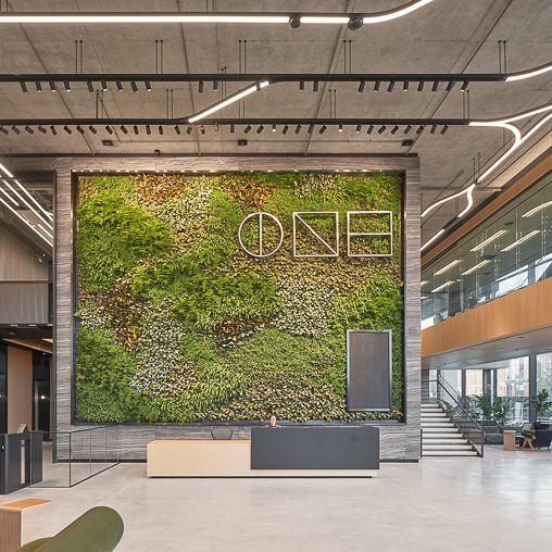 ONE Station Hill lobby with biophilic wall