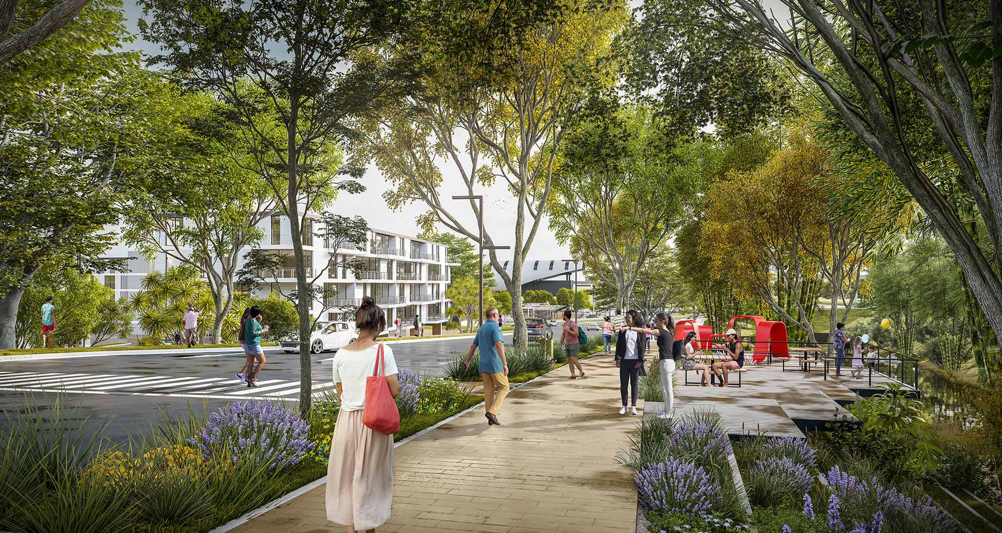 People walking on a sidewalk.