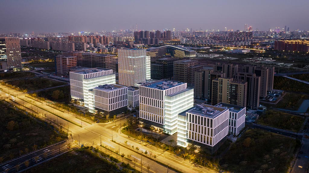 A city with tall buildings.