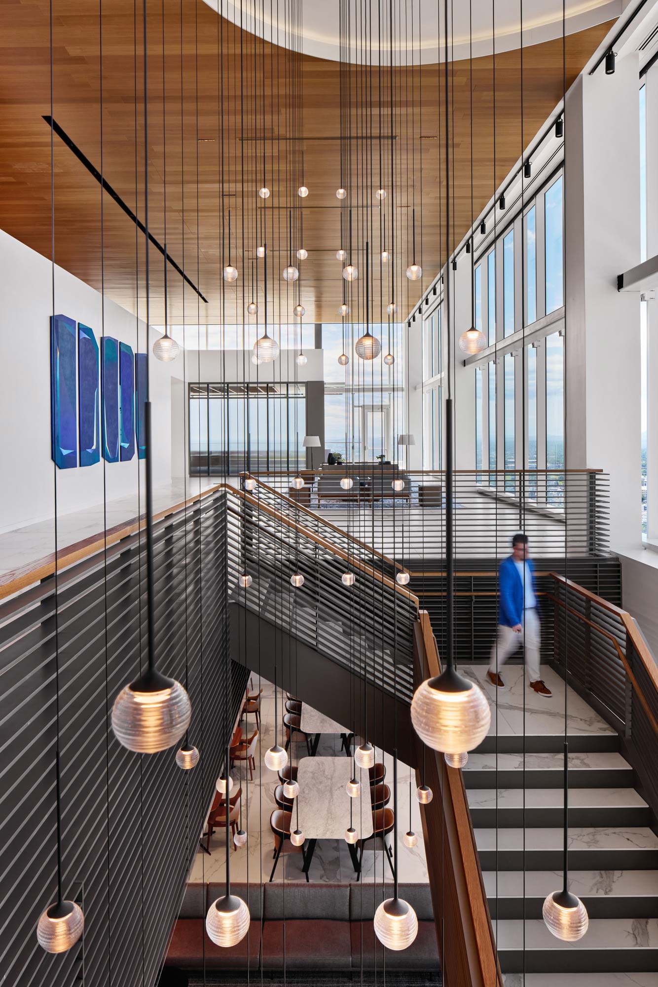 A person walking up a flight of stairs.