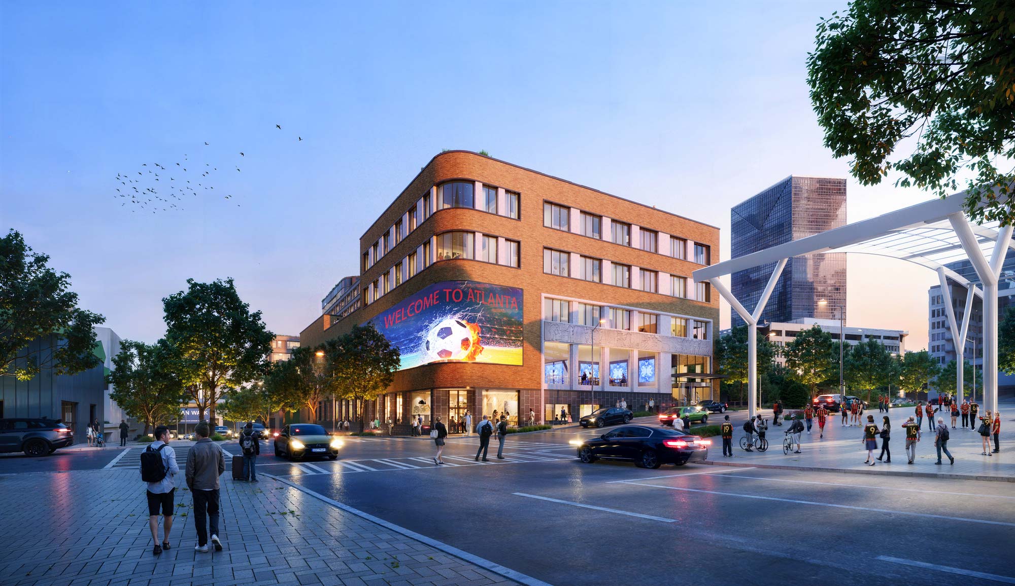 A large building with a glass front.