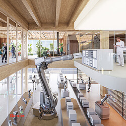 A room with a large counter and a few people.