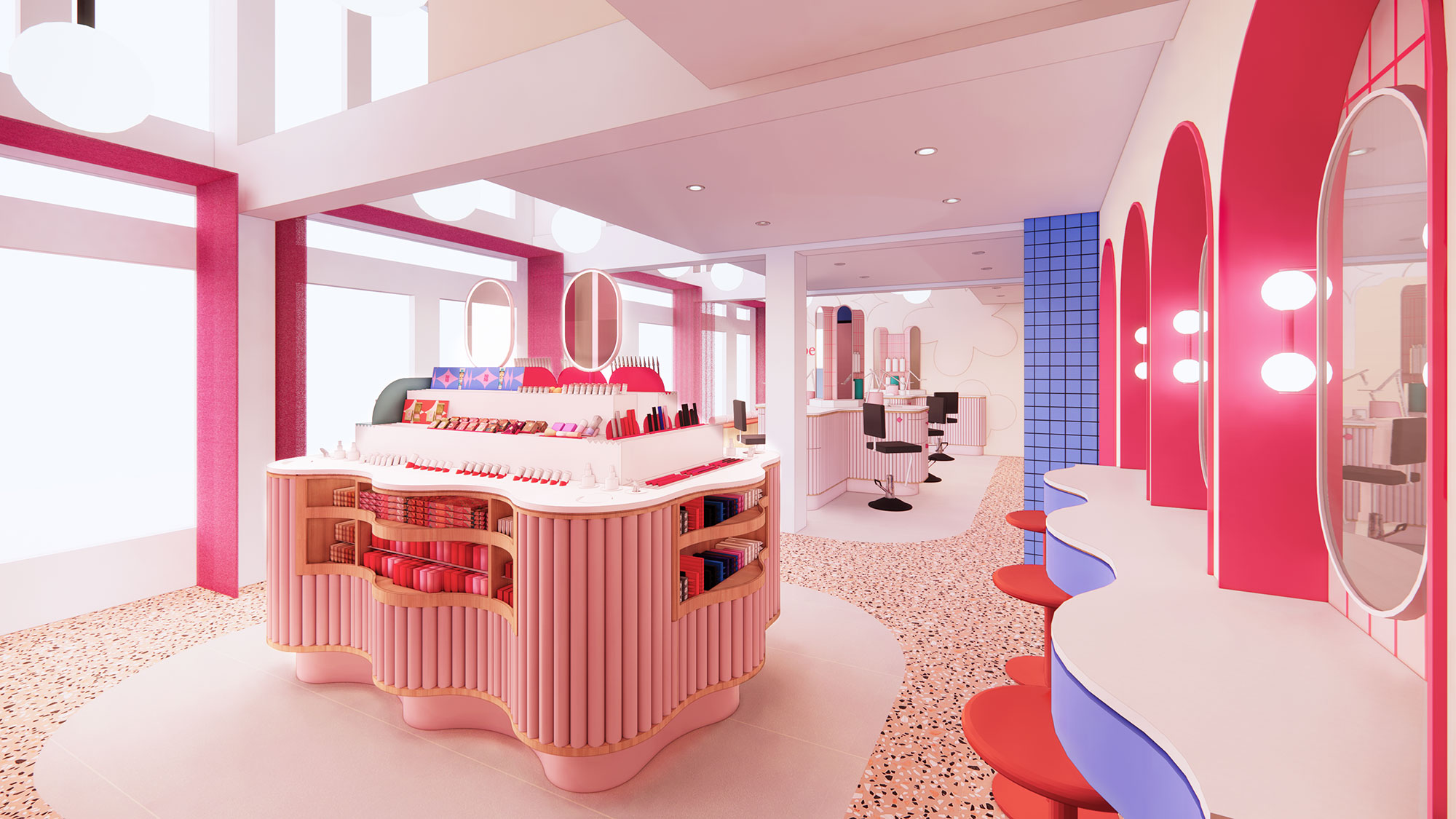 A room with a bed and a mirror.