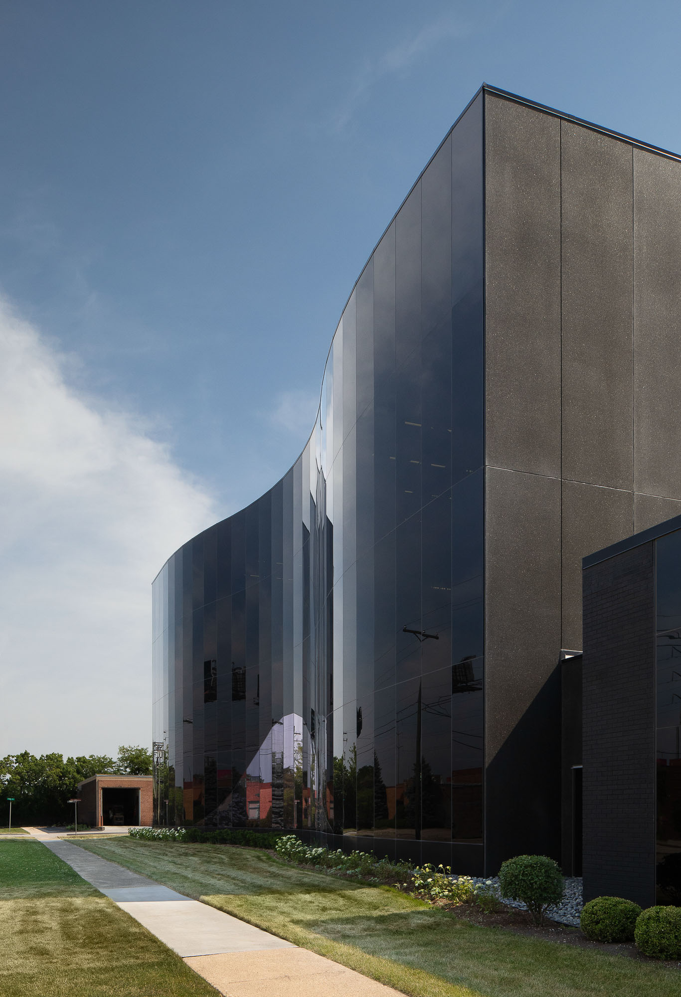 A building with a glass front.