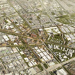 An aerial view of a city.