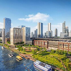 A city skyline with a river.