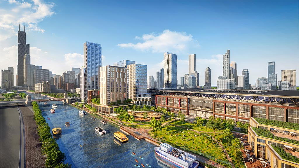 A city skyline with a river.