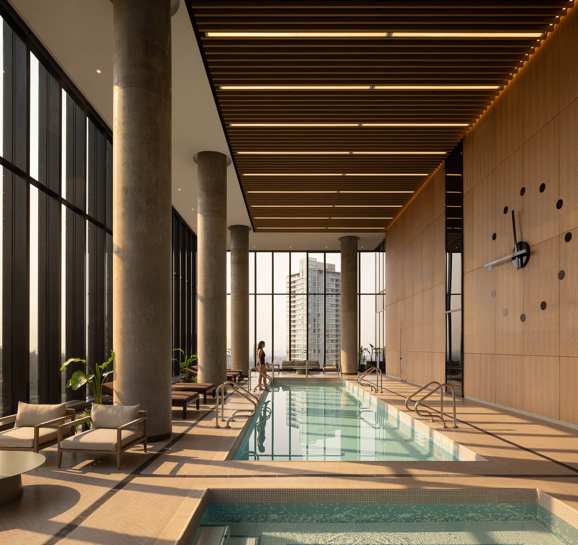 A swimming pool in a large building.