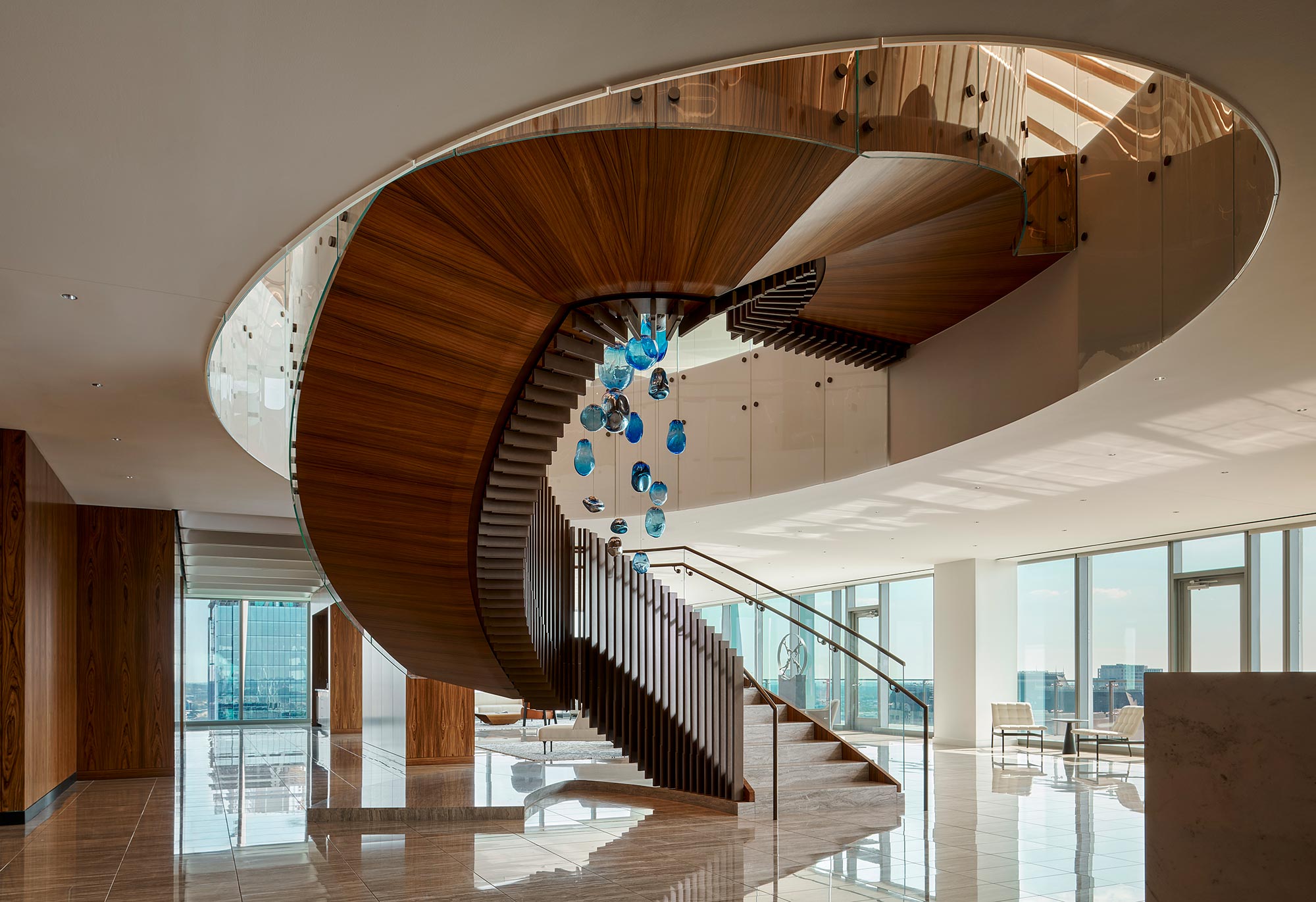 A spiral staircase in a building.