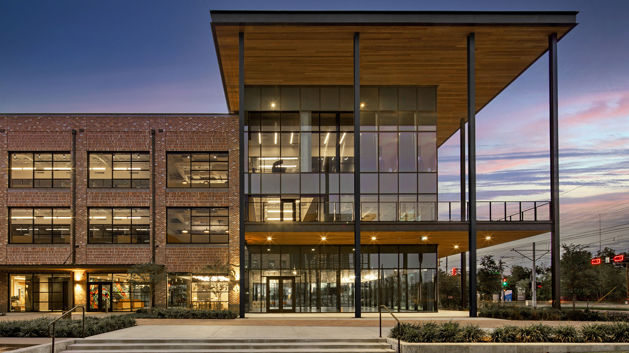 A building with windows and lights.