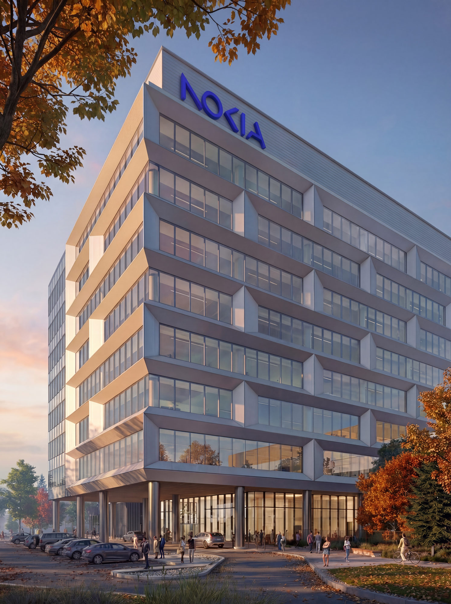 A large building with a sign on it.