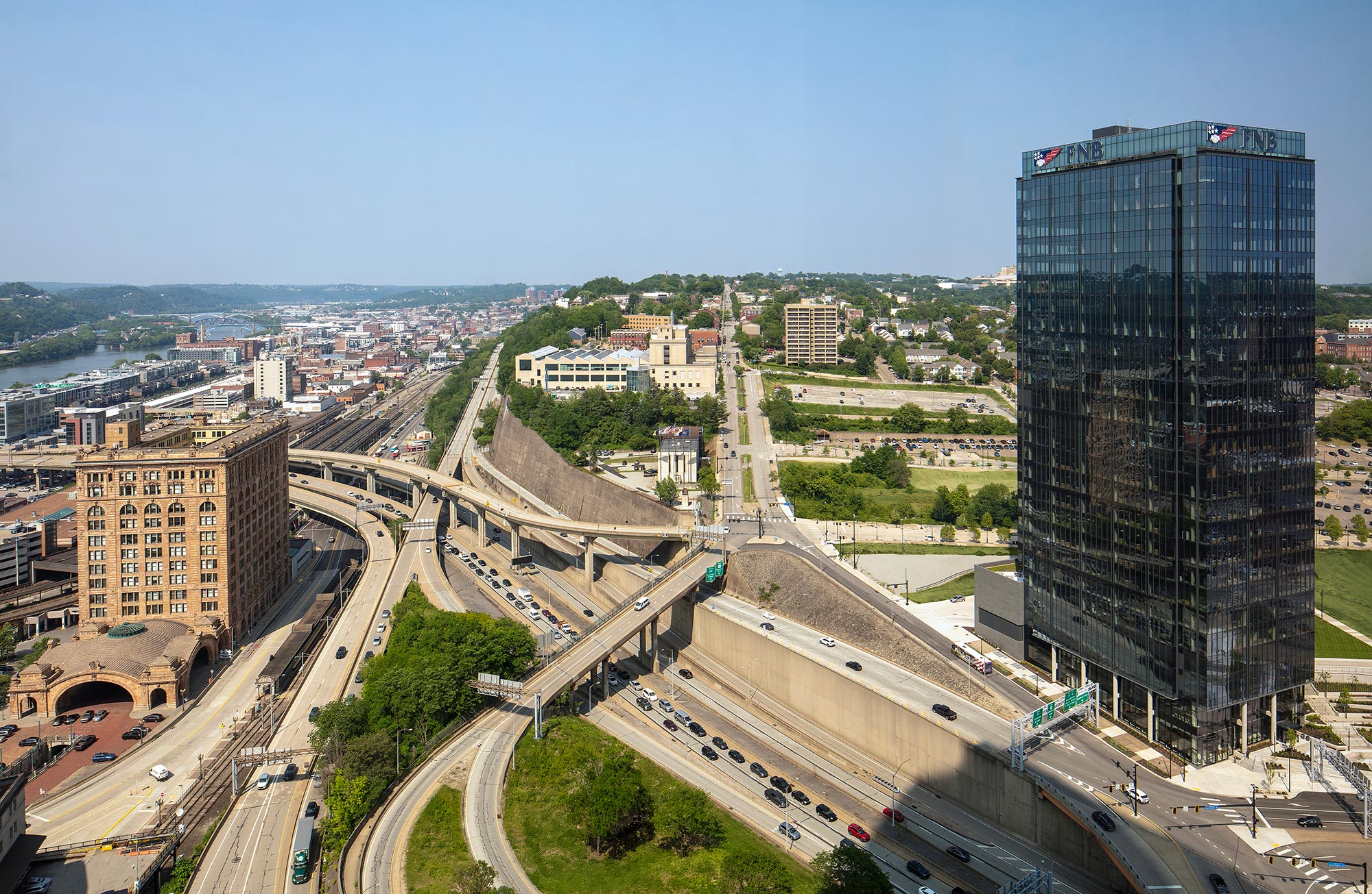 A city with a large building.
