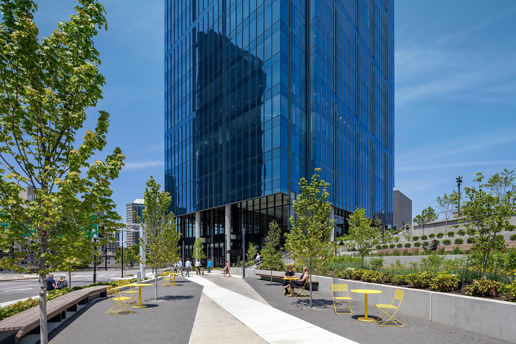 A tall glass building.