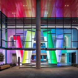 A building with glass windows.