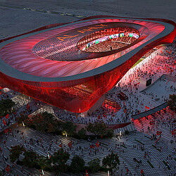 A large stadium with a large crowd.