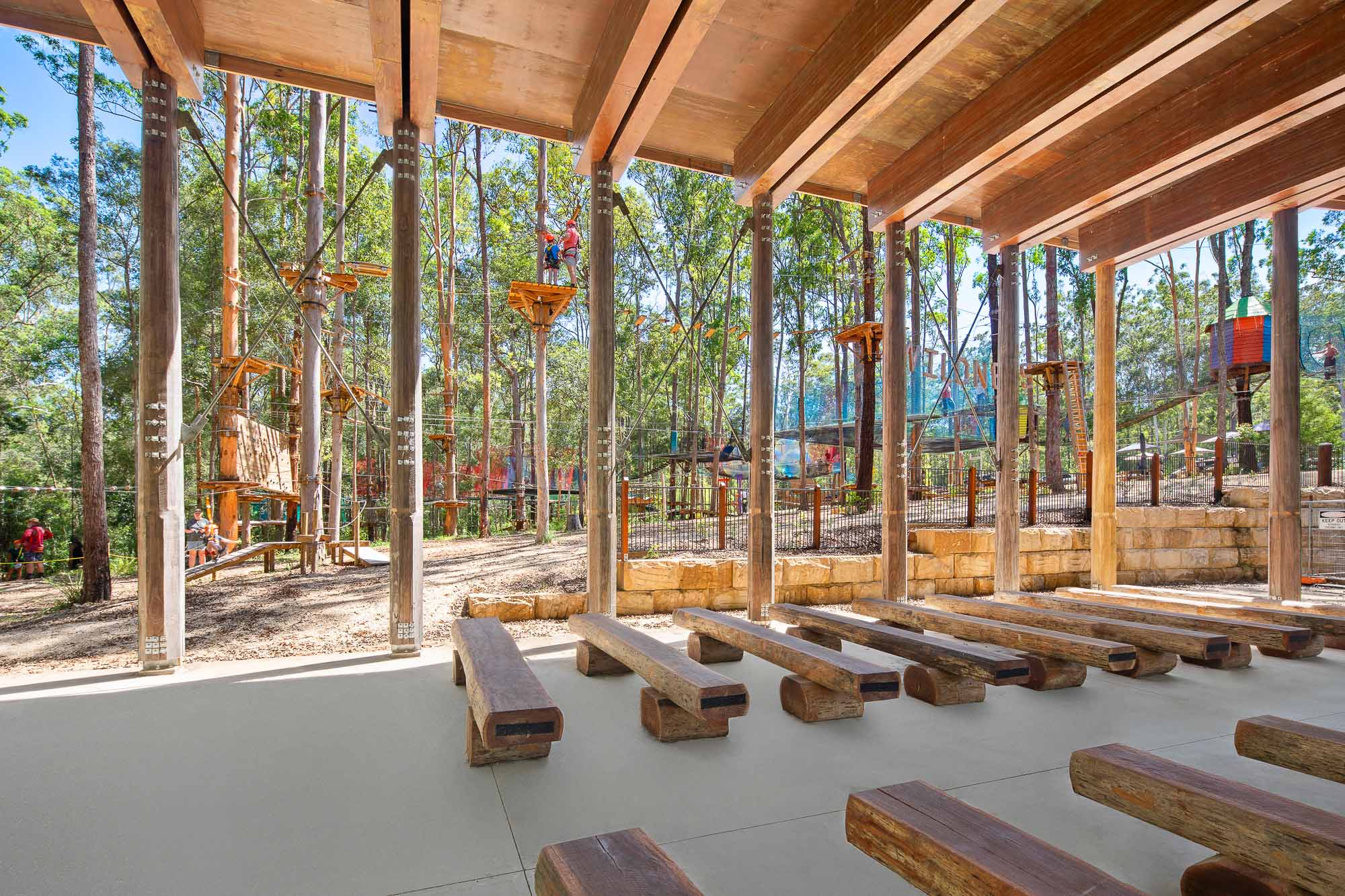 A wooden structure with benches.