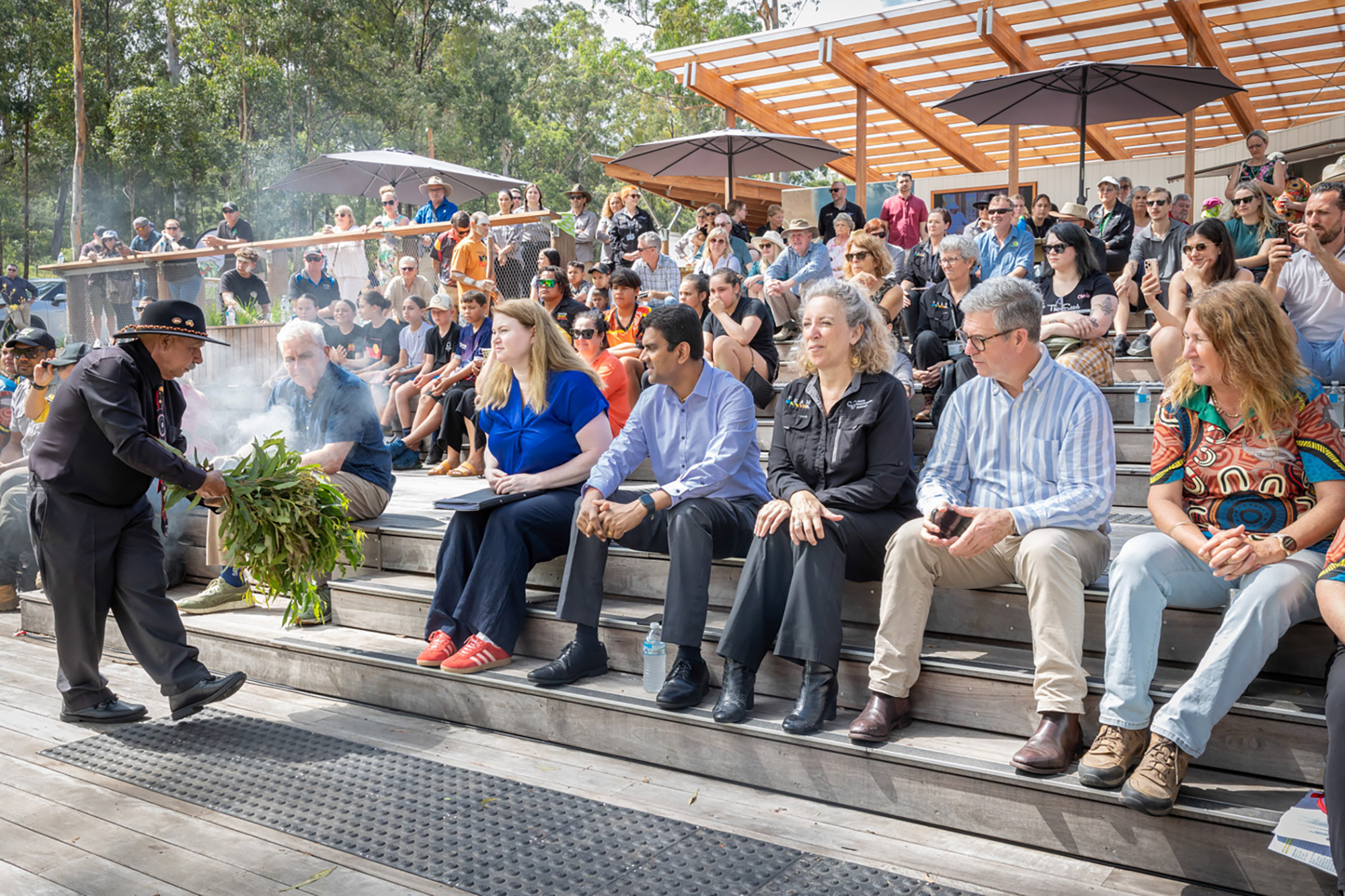 A group of people sitting on a bench.