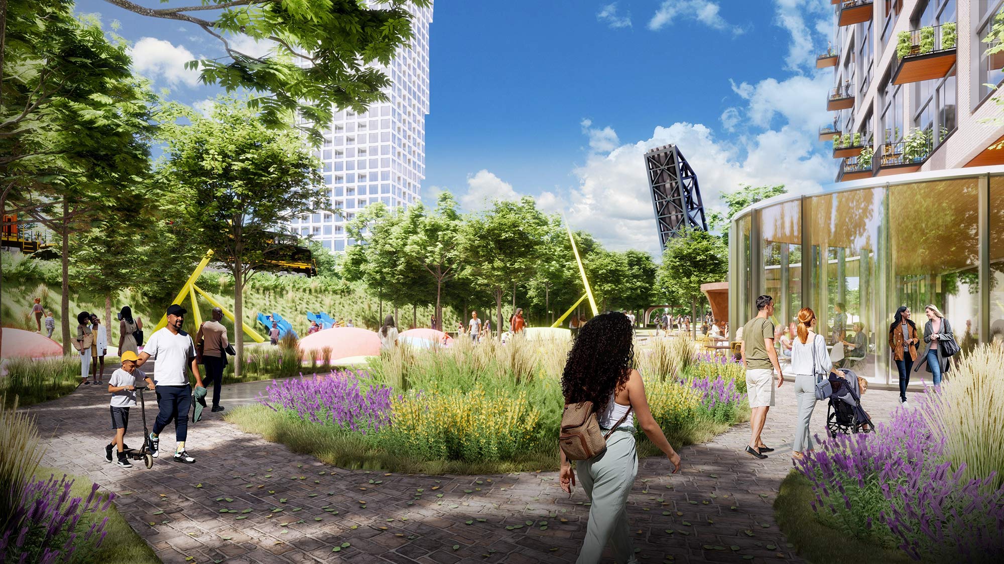 People walking in a garden.