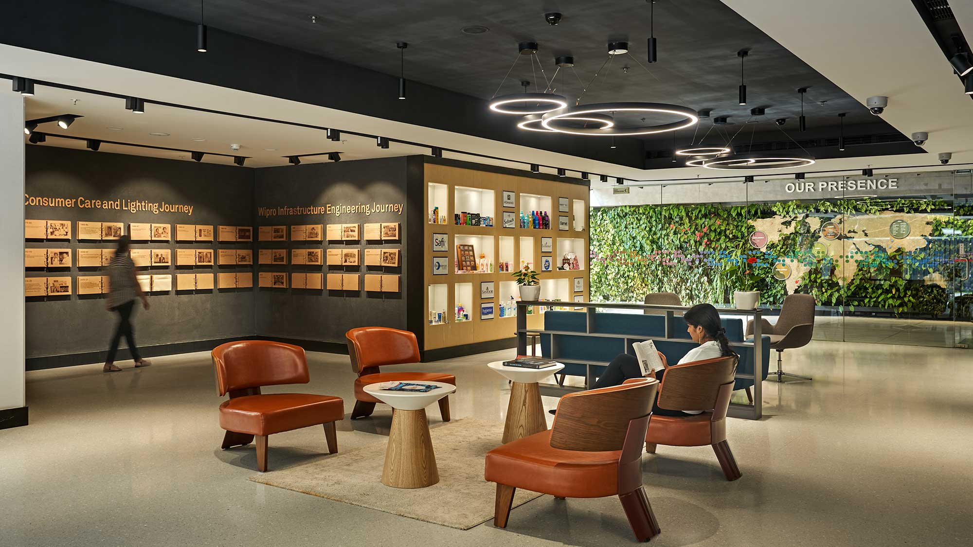 A person walking in a library.