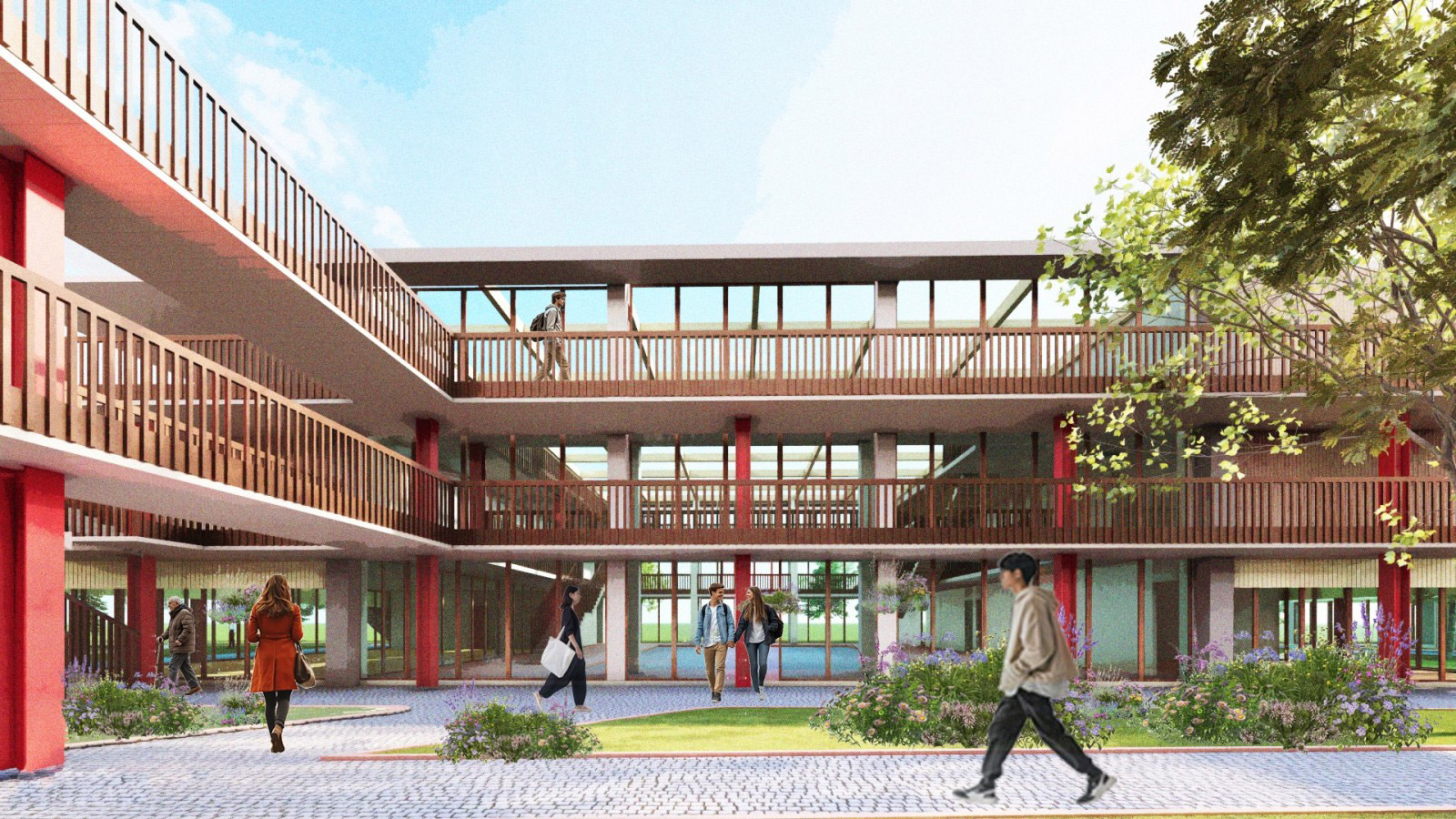 A group of people walking on a sidewalk next to a building.