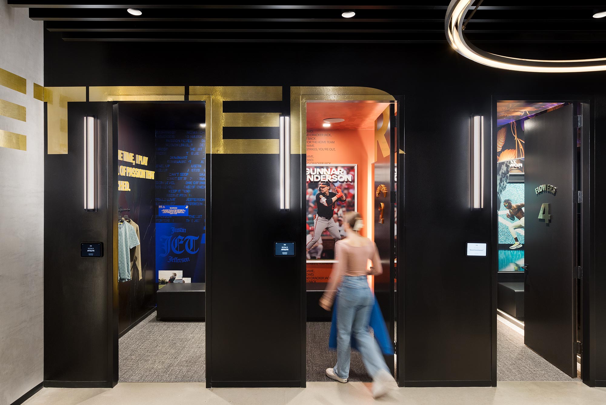 A person walking out of a building.