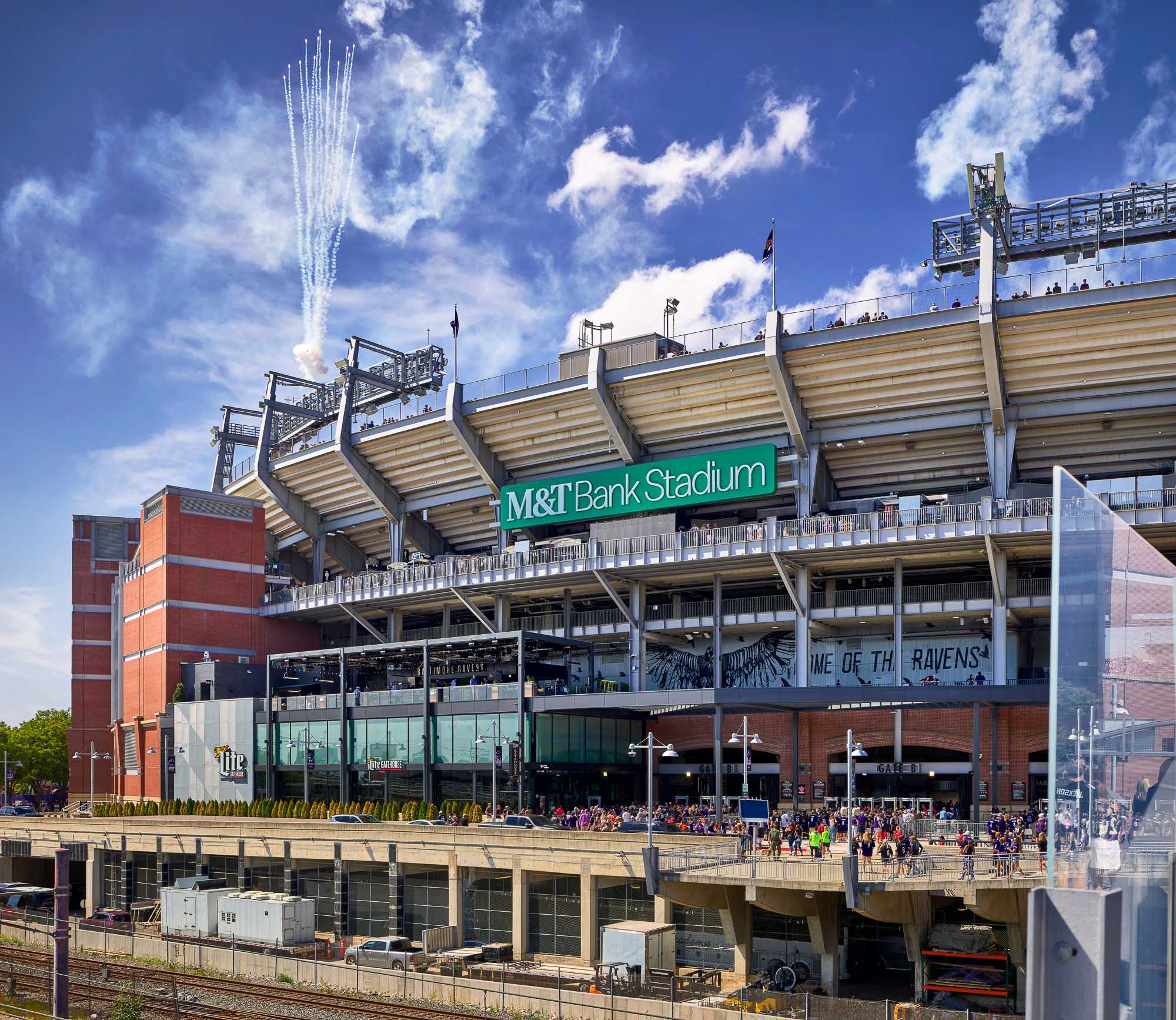 A stadium with a large roof.