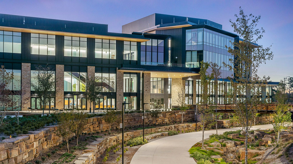 A building with glass windows.
