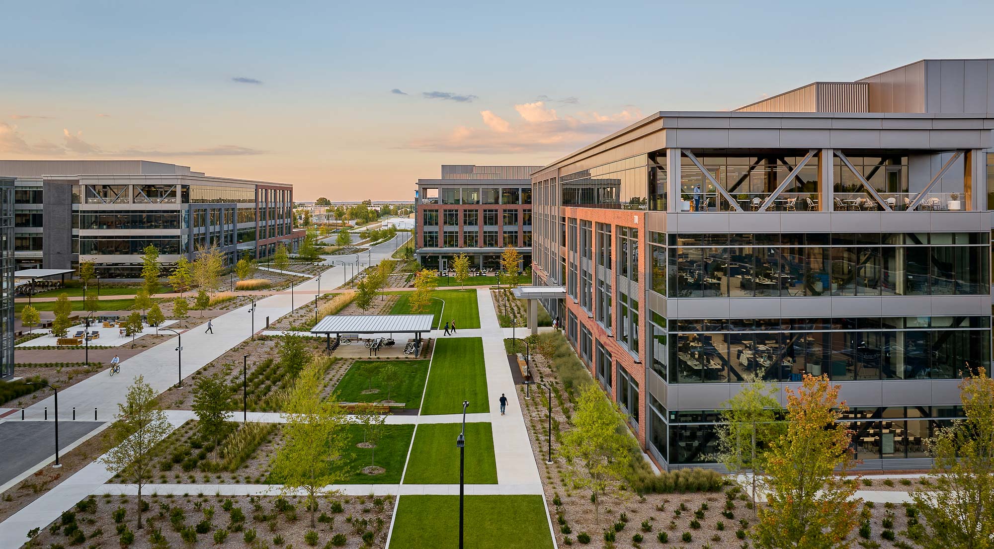 A courtyard with buildings around it.