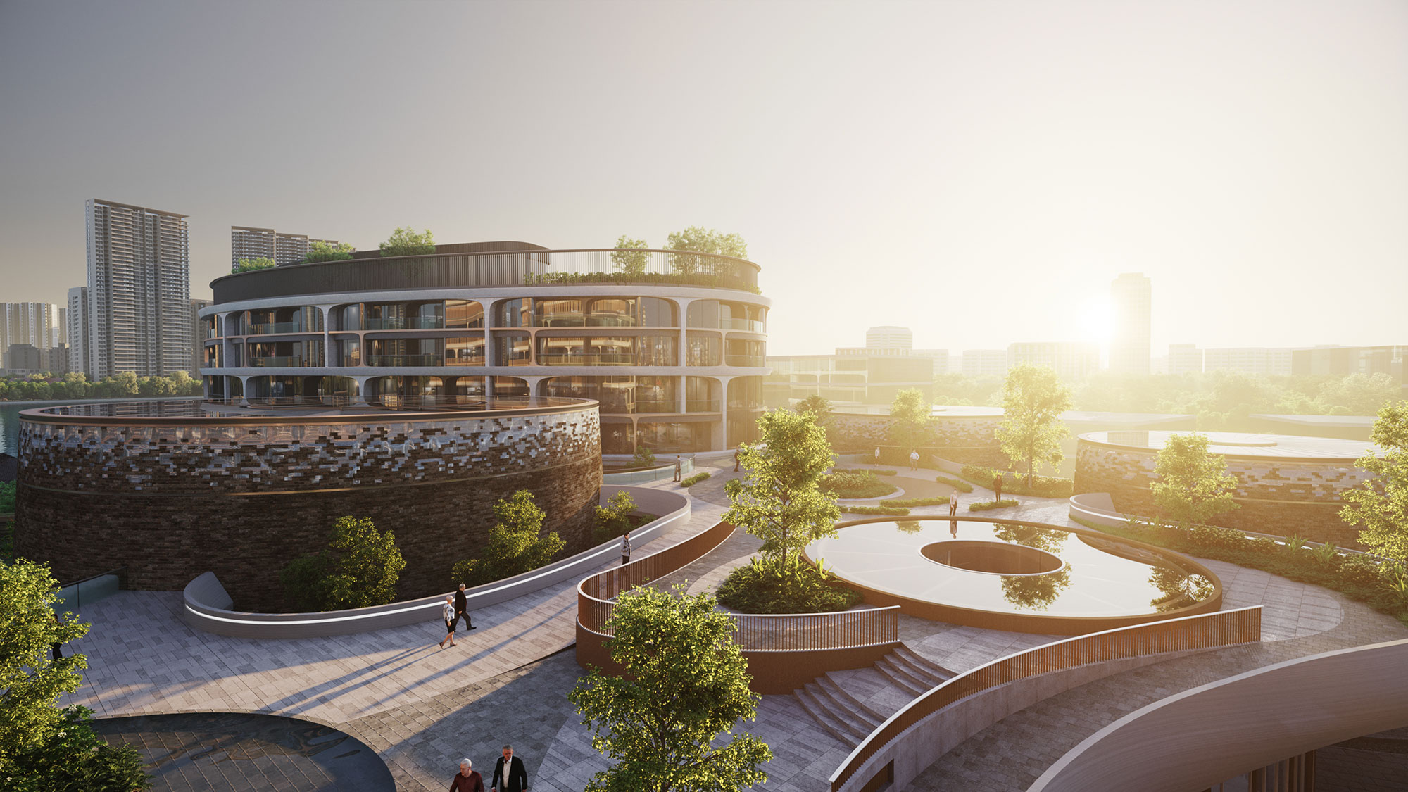 A courtyard with a building in the background.