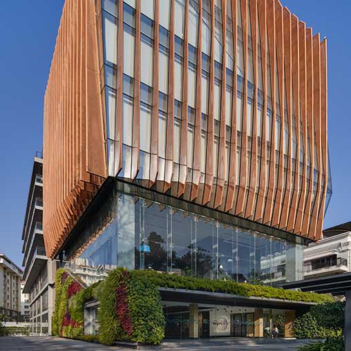 A building with glass windows.