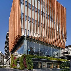 A building with glass windows.