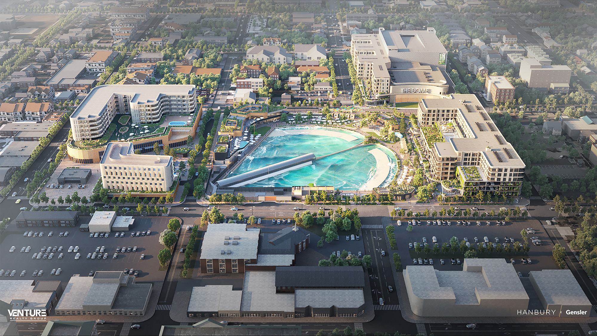 A large swimming pool in a city.