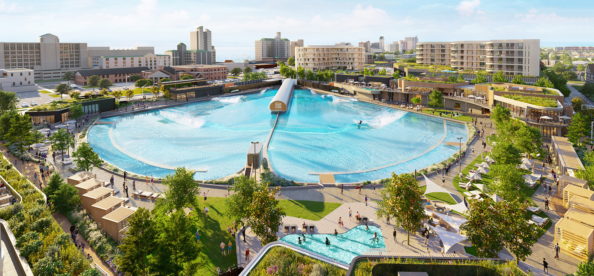 A large pool with people around it.