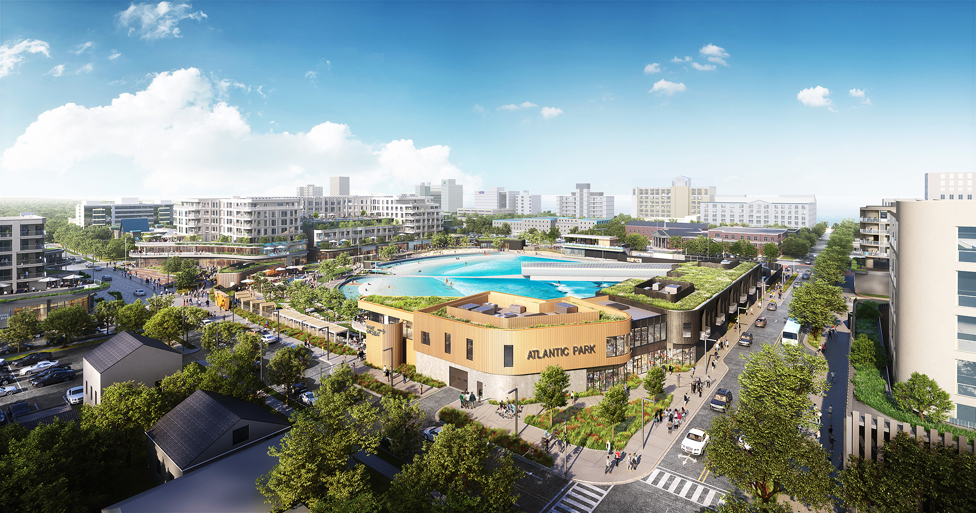 A large building with a pool in the middle of a city.