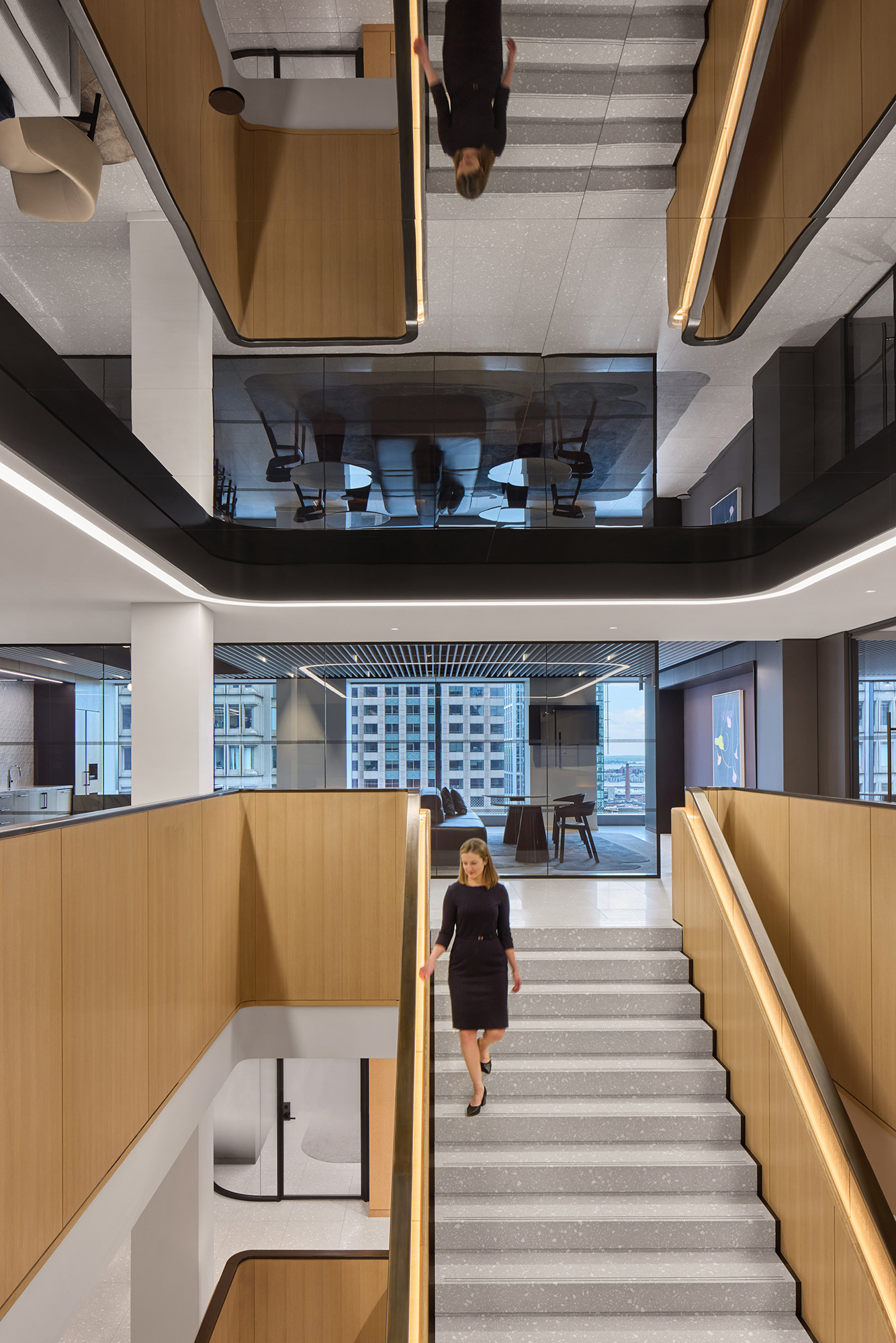 A person walking up a flight of stairs.