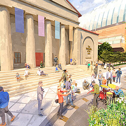 A group of people outside a building.