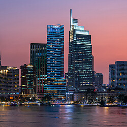 A city skyline at night.