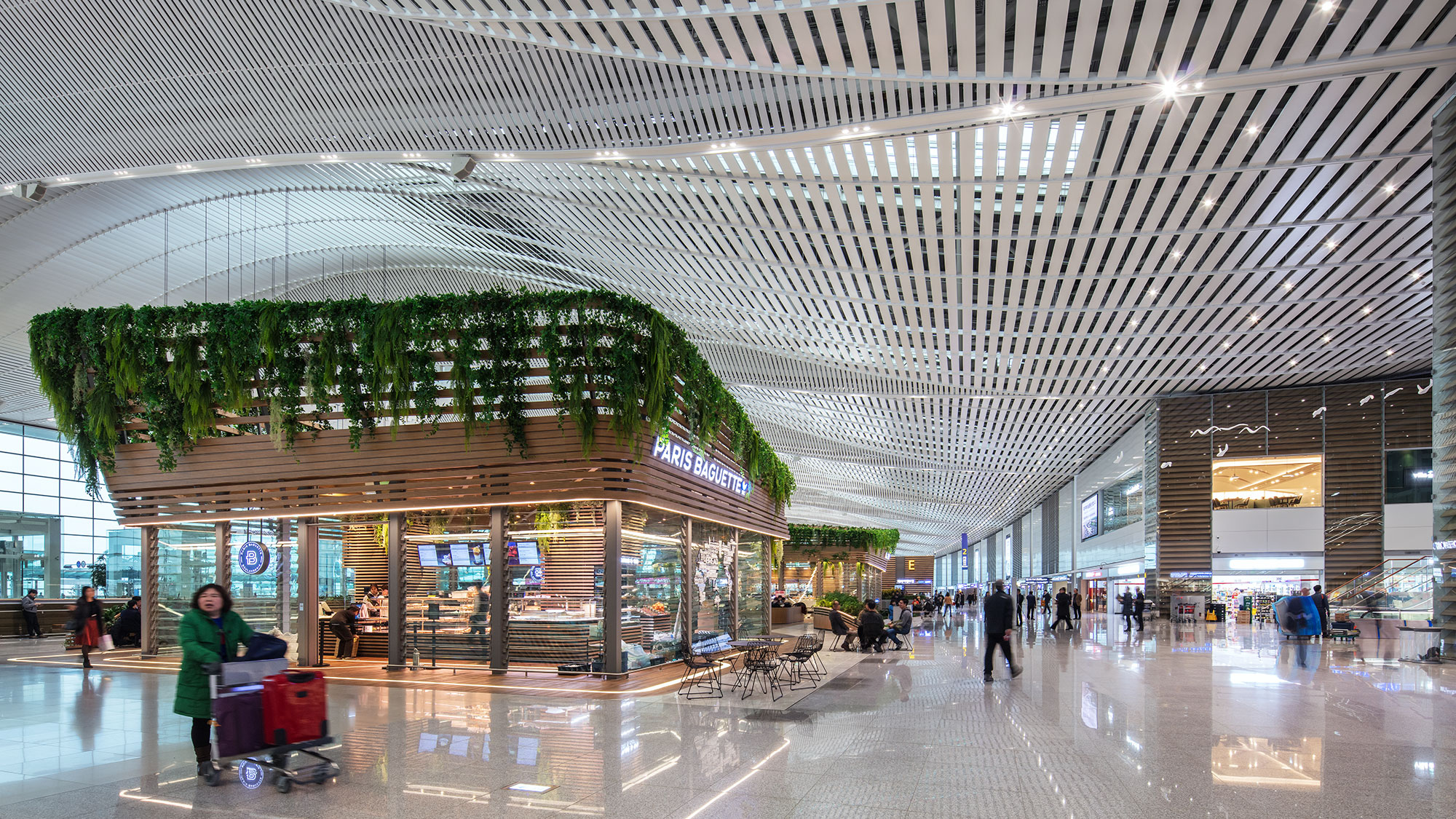 A large glass building with a large glass ceiling and a person sitting on a cart.