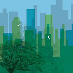 A city skyline with trees.