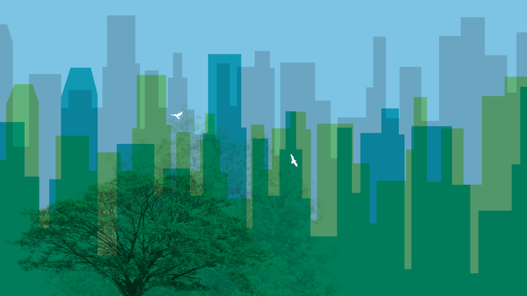 A city skyline with trees.