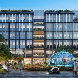 A large building with a fountain in front of it.